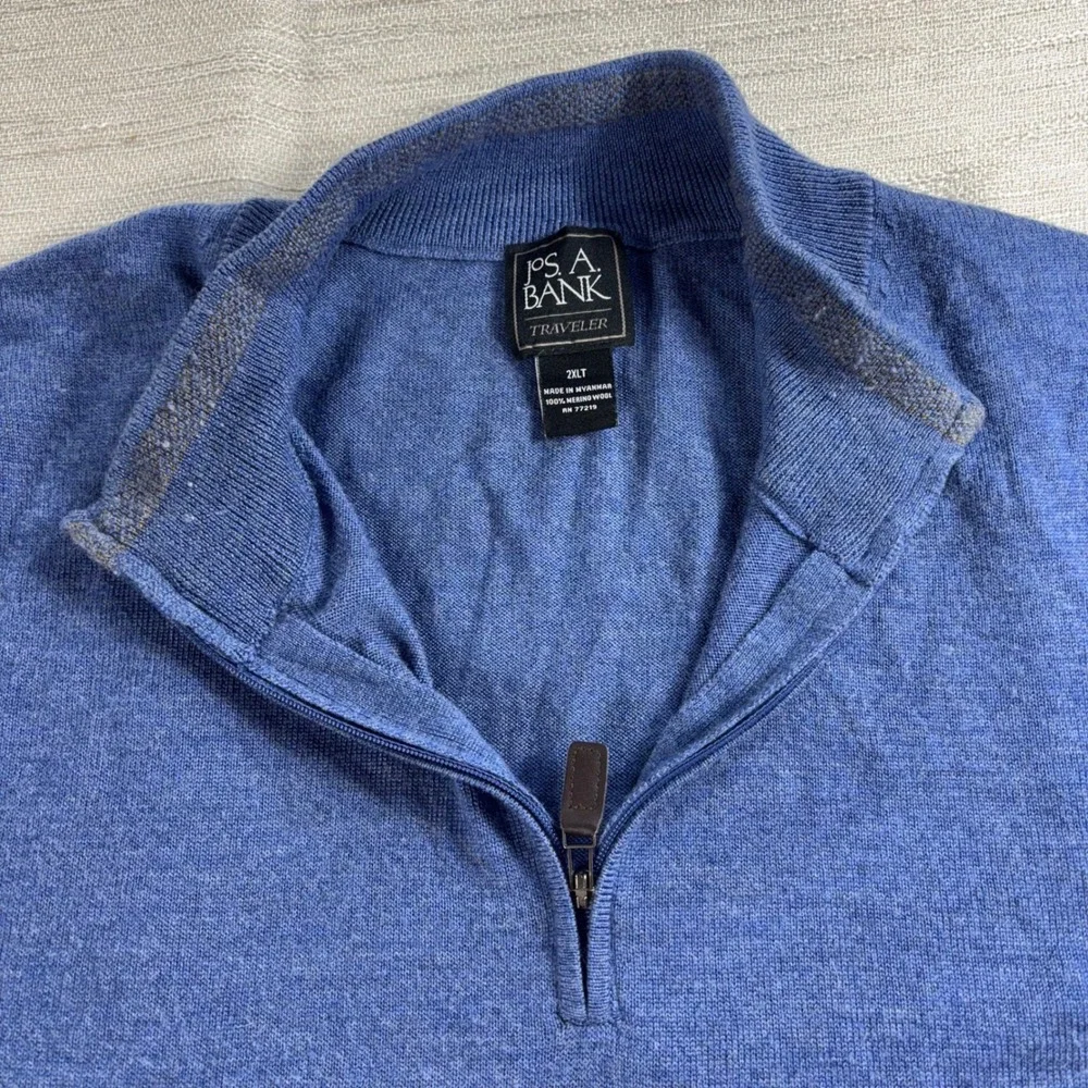 JOS A BANK TRAVELER 100% MERINO WOOL 1/4 ZIP SWEATER 2XL TALL BLUE‎ Classic